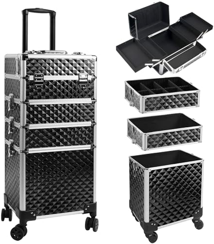 Kalolary 4-in-1 Kosmetikkoffer, Trolley Schminkkoffer Professionelle Künstler Kosmetik Organizer Box Abschließbar Multikoffer Friseurkoffer Beauty Case Make-up Koffer für Reisen (Schwarz)