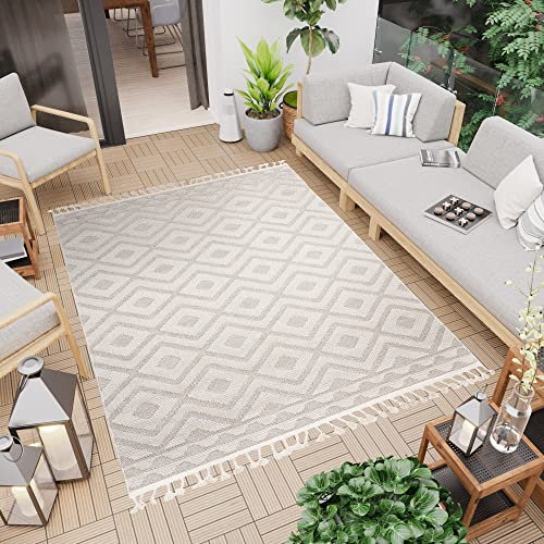 TAPISO Timber Teppich Outdoor Creme Terasse Balkon Sisaloptik mit Fransen Boho Design Flachgewebe Indoor Wetterfest UV-Beständig ÖKO-TEX 140 x 200 cm