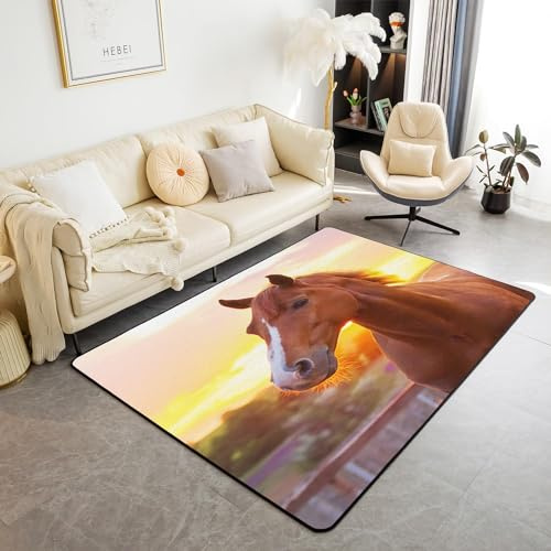 HATEGE Teppich Wohnzimmer 140 x 200 cm Waschbar Braunes Pferd, Outdoor Teppiche Kurzflor 3D Pferd Carpet Flauschig Braunes Pferd Rug Schlafzimmer DT476