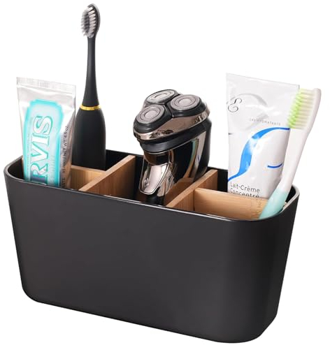 Bambus Trennwände Toothbrush Holder, 5 Fächer Zahnbürstenhalter mit Rutschfester Basis, Multifunktional Elektrische Zahnbürste Halterung, Badezimmer Organizer Geeignet für Büro Wohnzimmer Schwarz
