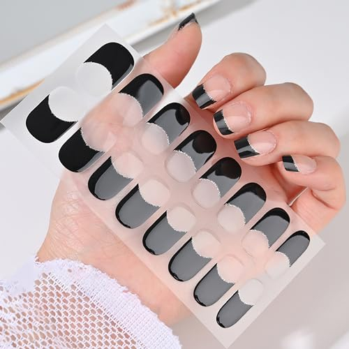 MrCuvaryas UV Gel Nagelfolie selbstklebend, Nagelsticker Nagelkunst Sticker Nagellack Aufkleber Nail art Selbstklebend, Maniküre Sticker Schöne Mode DIY (Black French) (Black French, M-16pcs)