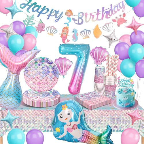 yosiio Mermaid Birthday Decorations, 7th Mermaid Party Decorations, 16 Guests Mermaid Party Tableware With Mermaid Balloons for 7th Children's Birthday Mermaid Party Supplies