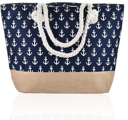 ZGDEIWGF 1 Stück Strandtasche Mit Ankermuster, Segeltuchtasche, Damen-Umhängetasche, Achseltasche, Handtasche Mit Großer Kapazität, Familien-Strandtasche, Geeignet Für Strand, Reisen, Fitness