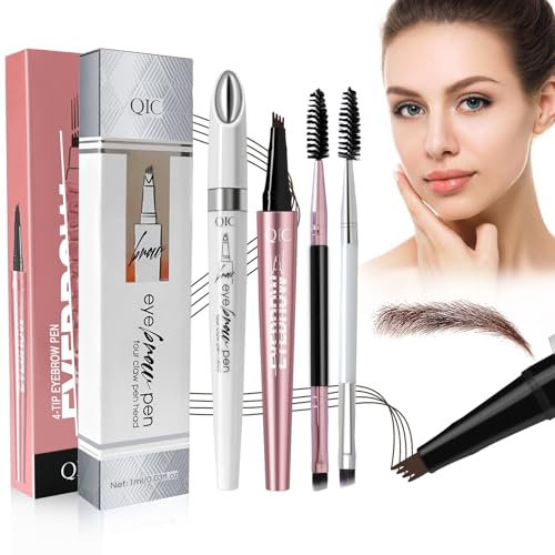 KATIMI 2 Pieces Microblading Waterproof Eyebrow Pencil, 3D Microblading Eyebrow Pen with 4 Micro-Fork Tip, 2 Double Head Brushes for Natural Eyeliner Makeup