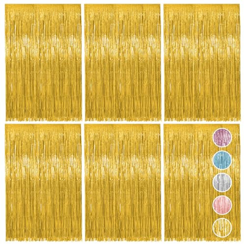 6pcs Foil Curtain, Gold Tinsel Curtain, Metallic Foil Fringe Curtains, Hanging Door Streamers for Birthday Party Wedding Holiday Graduation Bridal Shower Backdrop Decoration (3.3 x 6.6ft)