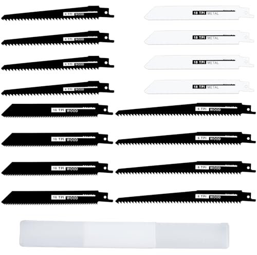 ONEVAN 16 pièces lame scie sabre, CR-V lame de scie alternative pour sabre, 126/180 mm, 6-18 TPI, avec boîte de rangement, 4 types, lame de scie sabre pour bois, métal et plastique
