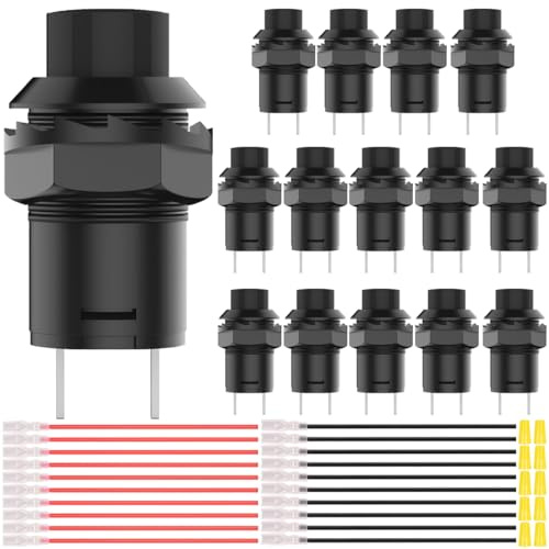 MKBKLLJY 15St. selbstsichernder Drucktastenschalter 12mm AC 250V/1,5 A 125V/3A 2poliger schwarzer runder Ein-/Aus-Schalter mit Klemmen und Abdeckkappe für Auto Boot LKW DIY-Modell PC-Tischlampe