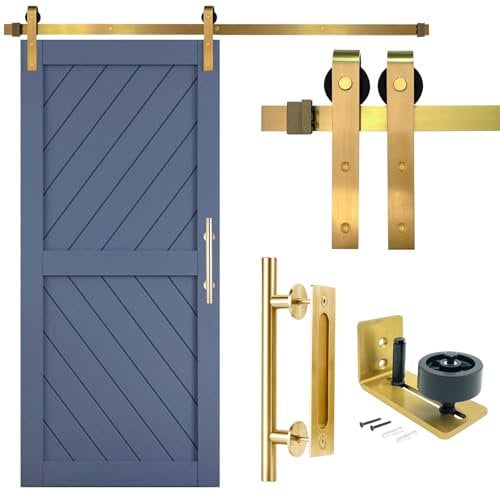 Rio Salto Gold Barn Door Hardware Kit Adjustable Length Sliding Door Hardware Modern Barn Interior Brushed Brass Panel Hardware (Hardware Kit Plus, 8ft - Single Door)
