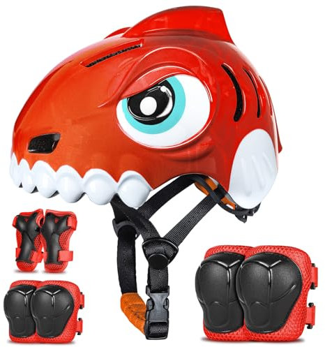FUNWICT Casco Bicicleta Niño 3D Animados Casco Bici para Niños y Niñas de 3-8 Años Ajustable Casco Bici Bebe con Juego Protectores para Bicicleta, Patinete y Skateboard (Rojo Set, S: 50-54 cm)