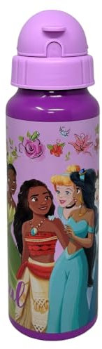 CARTOON Borraccia in alluminio con cannuccia bottiglia 550 ml accessorio per bambini (Principesse, lilla)