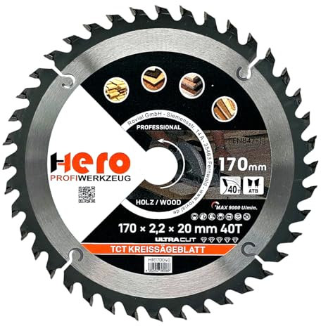 HERO Kreissägeblatt 170 x 20/16 mm 40 Zähne Hartmetall Sägeblatt TCT Ersatzsägeblatt für Holzbearbeitung Weich & Hartholz, Nichteisenmetalle Universal Handsäge, Gehrungssäge, Tischkreissäge, Kappsäge