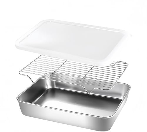 ACESOME Backblech mit Deckel & Grillrost, Keksbackblech aus Edelstahl, Backblech mit Abkühlgitter für Backofen/Backen/Braten, Luftdichtem Deckel Set Edelstahl Bratblech Backform Rechteck (31x24x5cm)