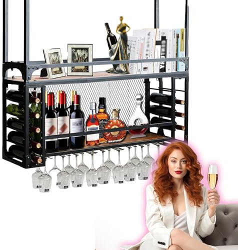 errtsdb Support Bouteille Vin, 140x30x50cm Range Bouteille Vertical, Casier à Vin de Plafond Rétro en Métal, Étagères Polyvalentes en Métal pour la Maison, la Cuisine(Casier à vin au Plafond Noir)