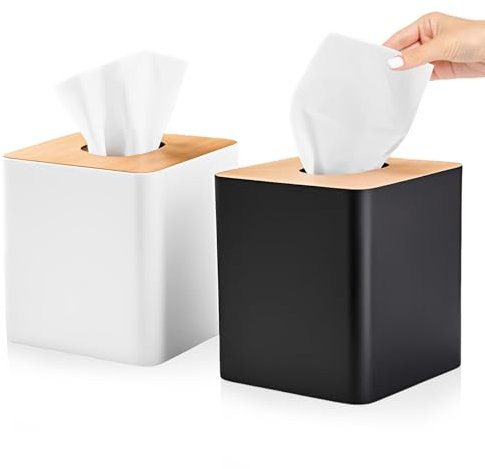 RETON Confezione da 2 scatole per fazzoletti, quadrate, in plastica, con coperchio in bambù, per soggiorno, ufficio, decorazione per la casa, comodino (nero + bianco)