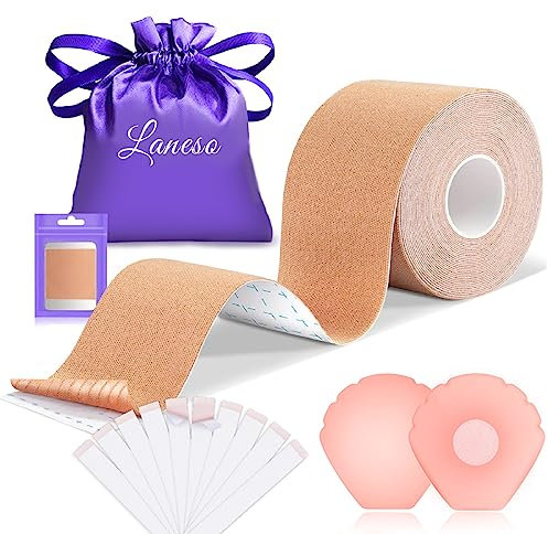 Laneso Klebe BH Push Up Brust Tape, Boobietape BH Rückenfrei Trägerloser BH, 10 Fashion Body Tape 2 Silikon Brüste Nippelpads Trägerlos für Körbchengrößen A-G Light Beige