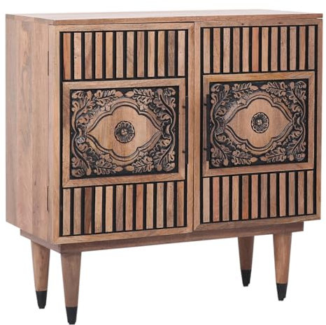 Marrakesch Boho Kommode mit Türen aus Teak Holz 80cm | Orientalische Deko kleines Sideboard Komode Adamina handgeschnitzt für stilvolle Aufbewahrung & Dekoration im Wohnzimmer & Schlafzimmer