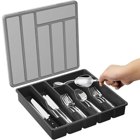 Range-couverts avec couvercle, rangement à couverts pour tiroir de cuisine et plan de travail, range-couverts pour tiroirs en plastique pour cuillères, fourchettes, couteaux, 6 compartiments, 32 x 30