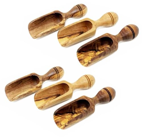 Verano Spanish Ceramics Olive Wood Spice Spoons - Home Dining Room Table Kitchen Restaurant Café Bar - Spices Herbs Sugar Salt Condiment Seasoning Serving Spoons - Set of 6 x 10cm