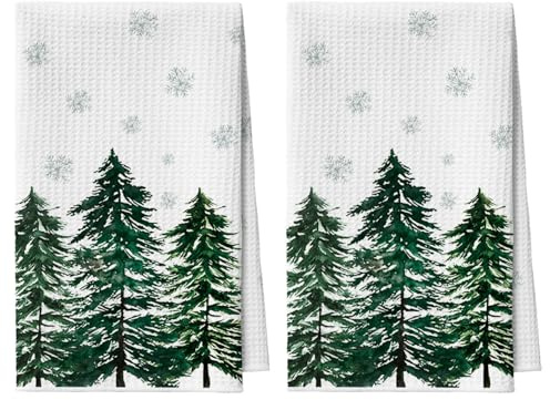 Artoid Mode Schneeflocken Kiefern Xmas 42x65 cm 2er Set Geschirrtücher | Saisonal Weihnachten Winter Polyester Küchentücher Handtücher Küche Dekor