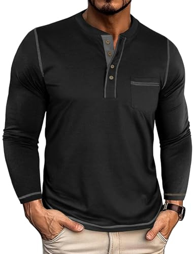 YawYews Langarmshirt Herren Longsleeve Tshirt Henley Shirt Langarm Baumwolle Männer Longshirt mit Tasche M-3XL
