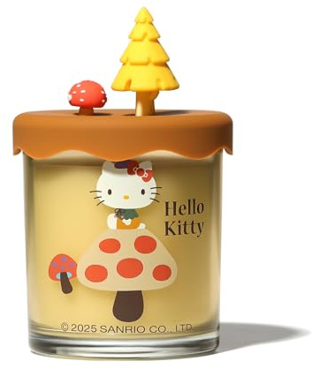 Hello Kitty Vanilla Crème Brulee Scented Candle – 1-Wick 213g Autumn Candle with 35hr Burn, Sweet Dessert Fragrance, Glass Jar with 3D Silicone Lid, Home Décor Gift