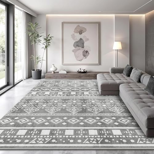 XSIVOD Kurzflor Teppich 200x280 cm Grau, Boho Waschbarer Teppich | Rutschfester Wohnzimmerteppich im Boho Vintage Design, geeignet für Schlafzimmer, Küche, Esszimmer und Büro