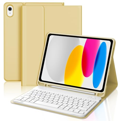 Coque Clavier pour iPad A16 11 eme Generation 2025/10 eme Generation 10.9 2022, AZERTY Français Clavier Bluetooth Magnétique Détachable avec Porte Crayon pour iPad A16 11/10ème Génération, Jaune