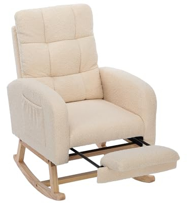 phosir Schaukelstuhl Teddy Sessel Beige Massivholz Ergonomischer Schaukelstuhl mit hoher Rückenlehne 100kg Tragkraft & Seitentaschen für Wohnzimmer Schlafzimmer