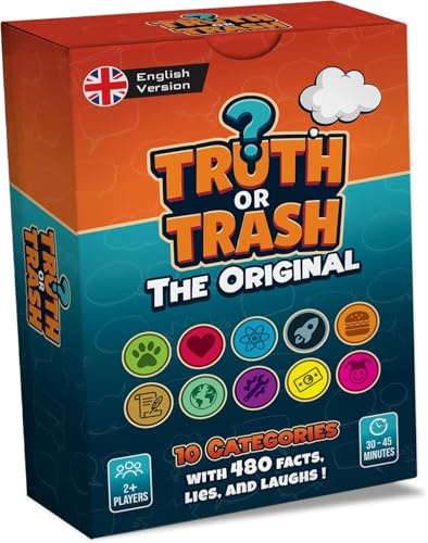 Truth or Trash – Lustiges Kartenspiel für Erwachsene & Familie | Quiz- & Partyspiel | 480 Facts & Lies in 10 Kategorien | Englische Ausgabe | Für 2+ Personen