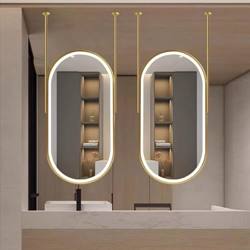 Renmlion Gold Oval LED Mirror for Ceiling Hanging｜Wall-Mounted Bathroom Mirror with 3 Colors Dimmable Strip Light｜Metal Frame Vanity Makeup Mirrors Floating Decor Mirror(50cmx70cm)