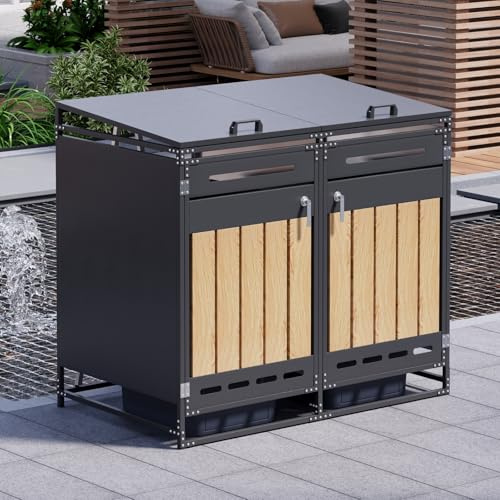 Abri pour poubelles avec Couvercle hydraulique, Habillage Vertical Aspect Bois, aération à Fentes oblongues, Armoire de Rangement de Jardin en Fer avec Serrure (1)
