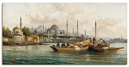 ARTLAND Wanddeko Leinwand Bilder Wandbild 60x30 cm Türkei Istanbul Moschee Boot Handelsschiffe vor der Hagia Sophia Impressionismus Anton Schoth T6PX