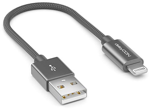 deleyCON 0.15m (5.91 Inch) Lightning 8 Pin USB Charging Cable Apple MFI for iPhone 12 Pro Max 12 Pro 12 Mini 11 Pro 11 Pro Max 11 SE 2. Gen. XR XS Max XS X Metal Plugs & Nylon Cable - Grey
