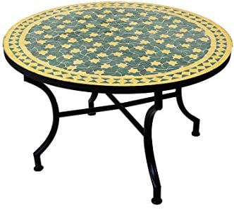ORIGINAL Marokkanischer Mosaiktisch Couchtisch ø 80cm Groß rund | Runder Kleiner Mosaik Gartentisch Mediterran | ALS Tisch Beistelltisch für Balkon oder Garten | Estrella Grün Gelb
