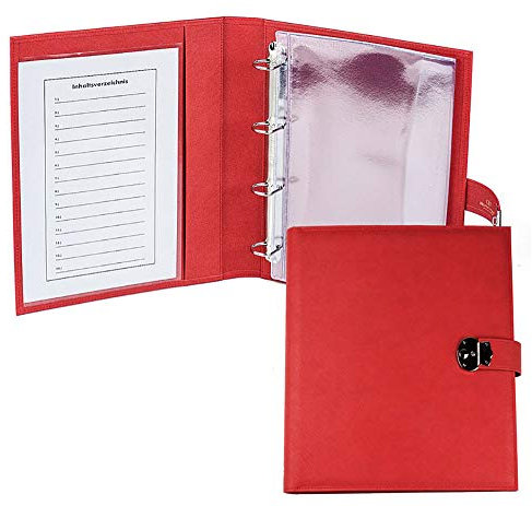 DELMON VARONE - Personalisierbare Dokumentenmappe DIN A4 mit Schloss & Schlüssel inkl. 3 Klarsichthüllen, Saffiano Kunstleder rot, Elegantes Dokumentenringbuch mit Verzeichnis für Dokumente & Urkunden