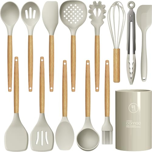 Silicone Cooking Utensils Set - 446°F Heat Resistant Silicone Kitchen Utensils for Cooking,Kitchen Utensil Spatula Set w Wooden Handles and Holder, BPA Free Gadgets for Non-Stick Cookware (Khaki)