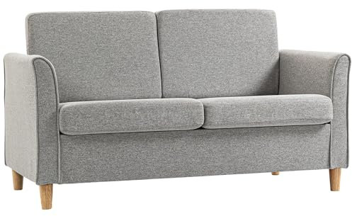 HOMCOM 2 Seater Sofa, Compact Loveseat, Linen Upholstered Couch with Wood Legs and Armrest, Small Sofa for Living Room and Home Office Light Grey