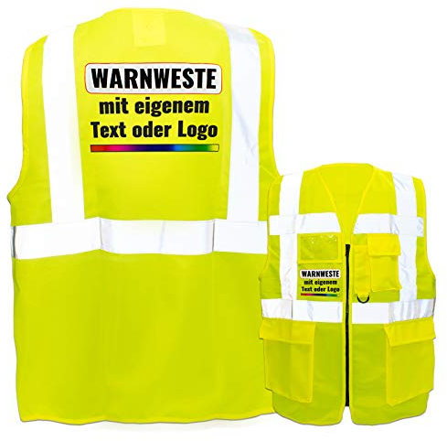 Warnweste mit Reißverschluss und Taschen * Druck auf Rücken + Front/Premium-Druck * Farbe & Größe: Gelb/Größe L * Aufdruck selbst gestalten * Bedruckt mit Design Foto Text Logo