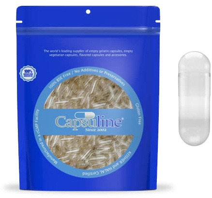Capsuline Lot de 100 capsules de gélatine vides transparentes taille 000 – Capsules de gélatine vides – Capsules vides – Certifiées casher, sans gluten, halal et sans OGM (transparent)