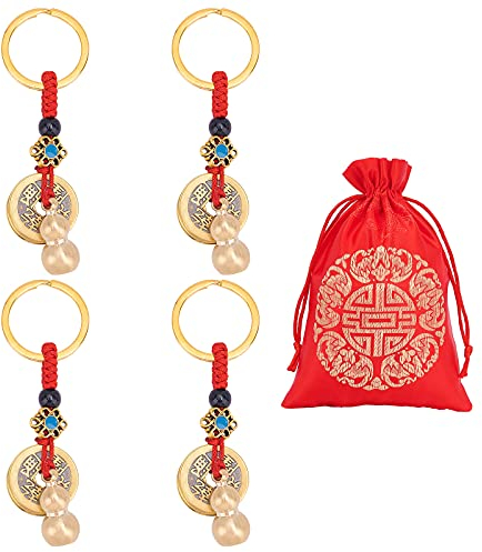 nbeads 4 Pcs Feng Shui Porte-Clés, WU Lou Gourd Porte-Clés avec Pendentifs de Pièces de Monnaie Chinoises Feng Shui avec Gourde Five Emperor Monnaie et 1 Sac Rouge pour Longévité Richesse et Succès