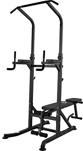 HOMCOM Estación de Musculación Torre de Entrenamiento Altura Ajustable con Barra de Dominadas y Banco Plegable para Fitness en Casa Gimnasio Carga 150 kg 99x178x230 cm Negro
