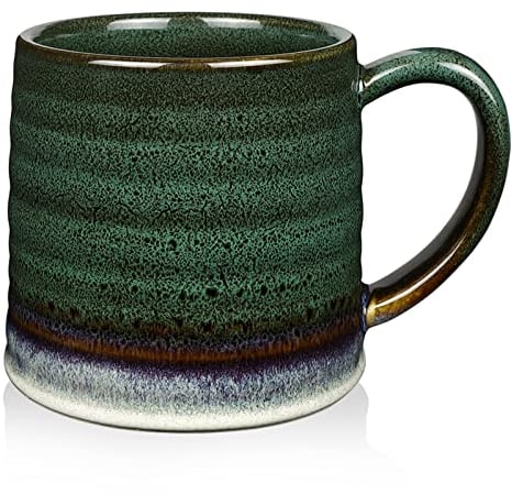 SECELES 500ml Large Ceramic Coffee Mugs for Home Office, 18 Oz Handmade Kiln Change Glaze Tea Cups for Coffee Cocoa Milk Tea Water Drink, Microwave Dishwasher Oven Freezer Safe (Ink Green)