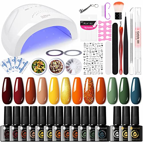 UR SUGAR Schellack Set Starterset mit Lampe 48W, 12 Farben UV Nagellack Herbst Braun Gelnägel Starterset mit Base und Top Matte Coat Gel Nagellack Nagelstudio Maniküre Geschenkset