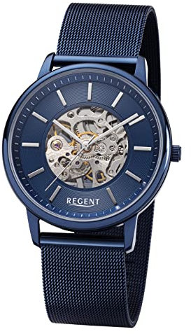 Armbanduhr Handaufzug Mechanik offenes Zifferblatt REGENT F1396 IP blau