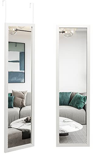 RELAX4LIFE Miroir Accroche Porte 119x33cm Cadre Alliage d'Alu Verre avec Film Antidéflagrant, Miroir Porte Suspendu pour Chambre Vestiaire Entrée, Blanc