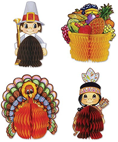 Beistle 4 Piece Thanksgiving Decorations Mini Pilgrim And Turkey Table Centerpieces For Fall Autumn Party Décor