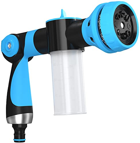 ESOW Garden Hose Nozzle, Adjustable Foam Spray Gun 8 Way Spray Pattern with 3.5oz/100cc Soap Dispenser Bottle, Garden Hose Foam Sprayer for Car Wash, Watering Plants, Showering Pet, Cleaning