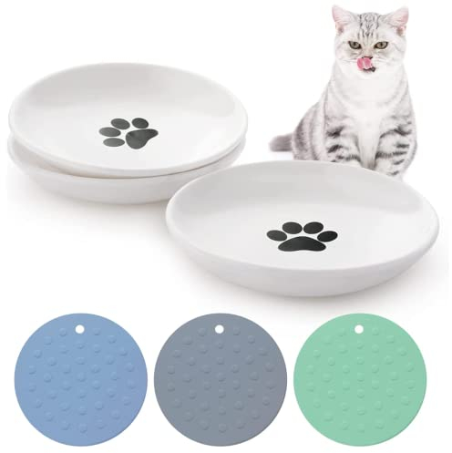 Dorakitten Ceramic Cat Food Plates: Cat Wet Food Bowls Cat Feeding Wide Bowls to Stress Relief of Whisker Fatigue Cat Dishes, Shallow Bowls for Kittens and Small Animals with Non-Slip Mat2, Black Paw