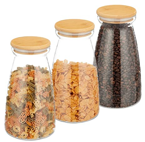 Relaxdays Vorratsgläser mit Deckel, 3er Set, 1400 ml, luftdicht, Lebensmittel-Lagerung, Vorratsdosen, transparent/natur