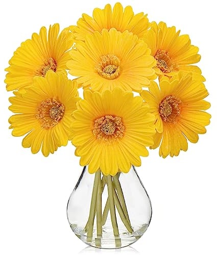 7 pcs Artificial African Daisies with Glass Vase, Small Fake Flowers in Vase with Faux Water, Yellow Artificial Gerbera for Home Office Bathroom Living Room Party Wedding Centerpiece Decorations